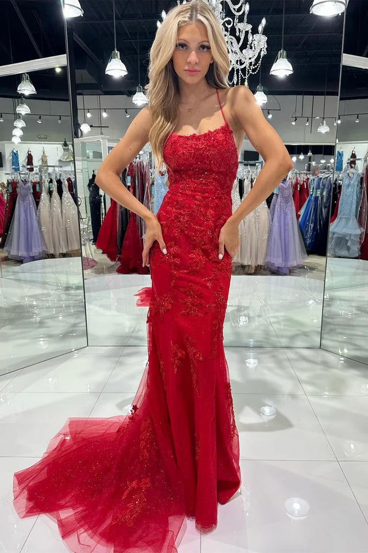 Lumidress Glamorous Red Tulle Mermaid Dress with Appliques and Corset Back