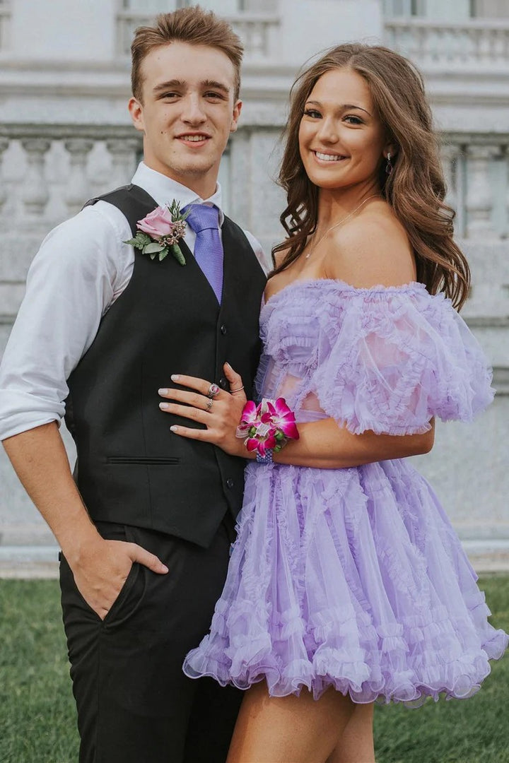 Lumidress Pink Off-the-Shoulder Puffy Tulle Short Homecoming Dress