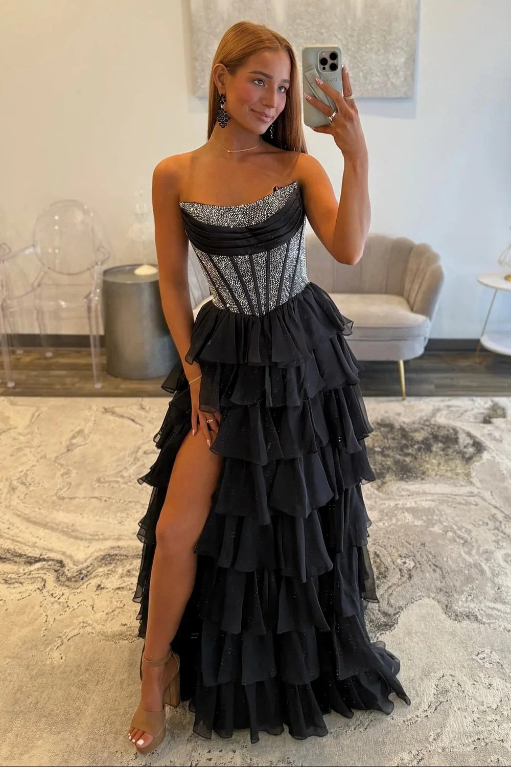 Lumidress A-Line Scoop Neck Tiered Chiffon Long Prom Dress for Formal Evening