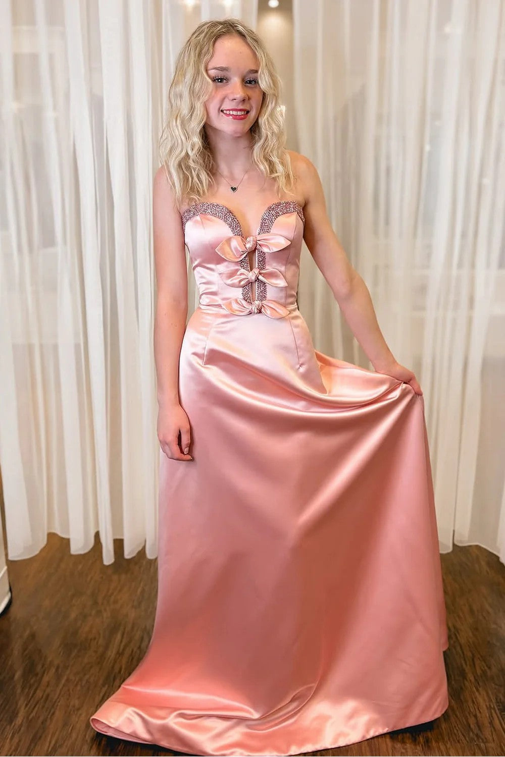 Lumidress Blush Satin Sweetheart A-Line Evening Gown with Bow Detail