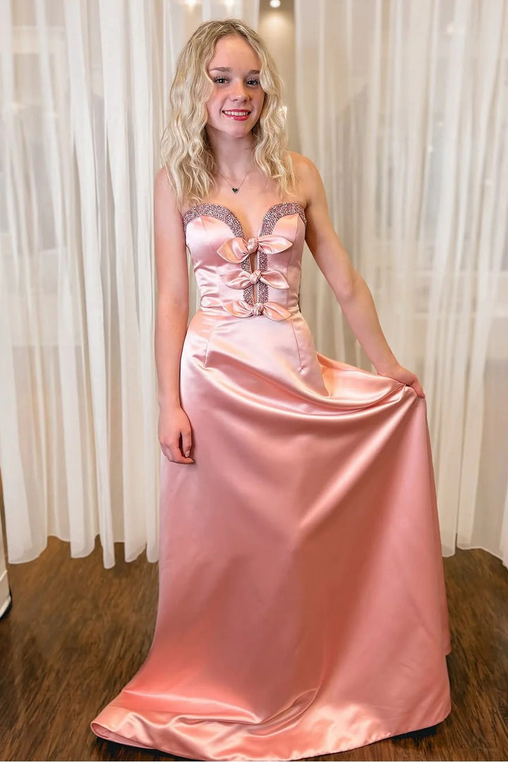 Lumidress Blush Satin Sweetheart A-Line Evening Gown with Bow Detail