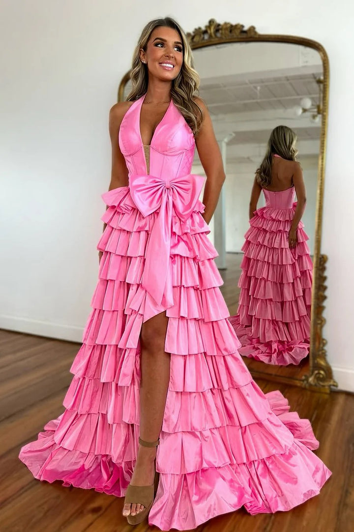 Lumidress Elegant Pink Satin Halter A-Line Prom Dress with Tiered Ruffles and Bow Detail