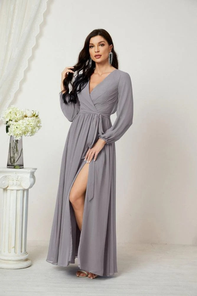 Lumidress Deep V-Neck Chiffon Evening Dress with Bishop Sleeves &amp; Side Slit