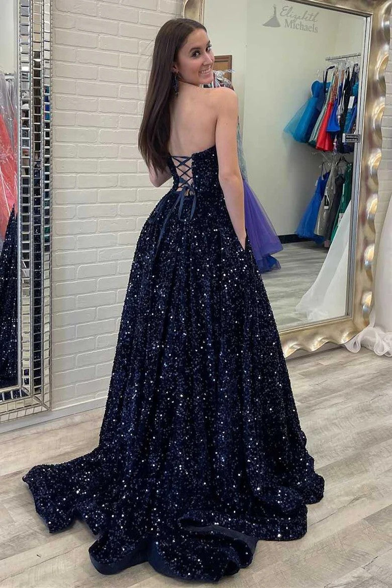 Lumidress Stunning Navy Blue Strapless Sequin A-Line Formal Prom Gown