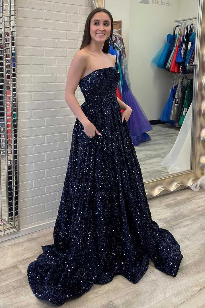 Lumidress Stunning Navy Blue Strapless Sequin A-Line Formal Prom Gown