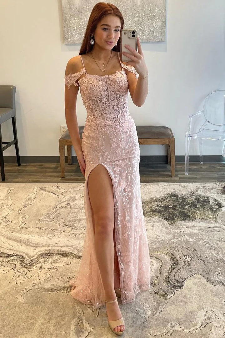 Lumidress Elegant Blush Pink Off-Shoulder Lace Appliqué Long Formal Dress with Side Slit
