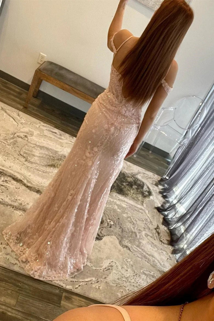 Lumidress Elegant Blush Pink Off-Shoulder Lace Appliqué Long Formal Dress with Side Slit