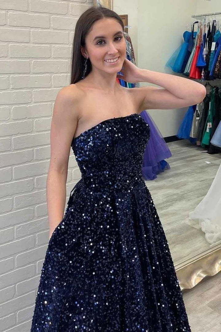 Lumidress Stunning Navy Blue Strapless Sequin A-Line Formal Prom Gown