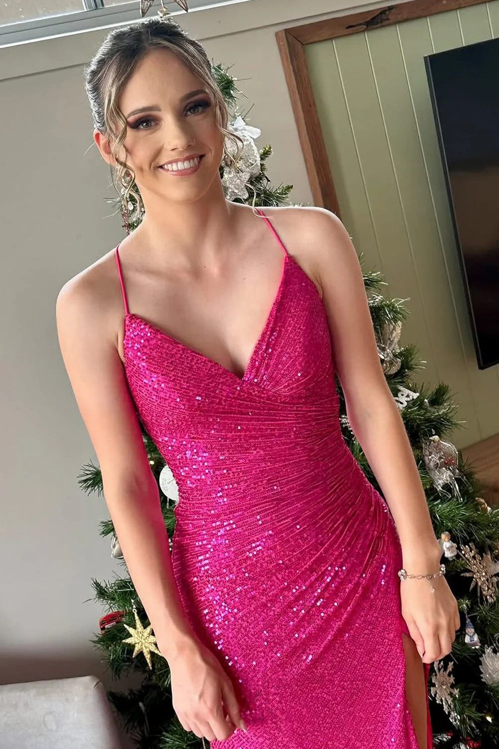 Lumidress Long Fuchsia Sequin Mermaid Party &amp; Prom Dress with V-Neck