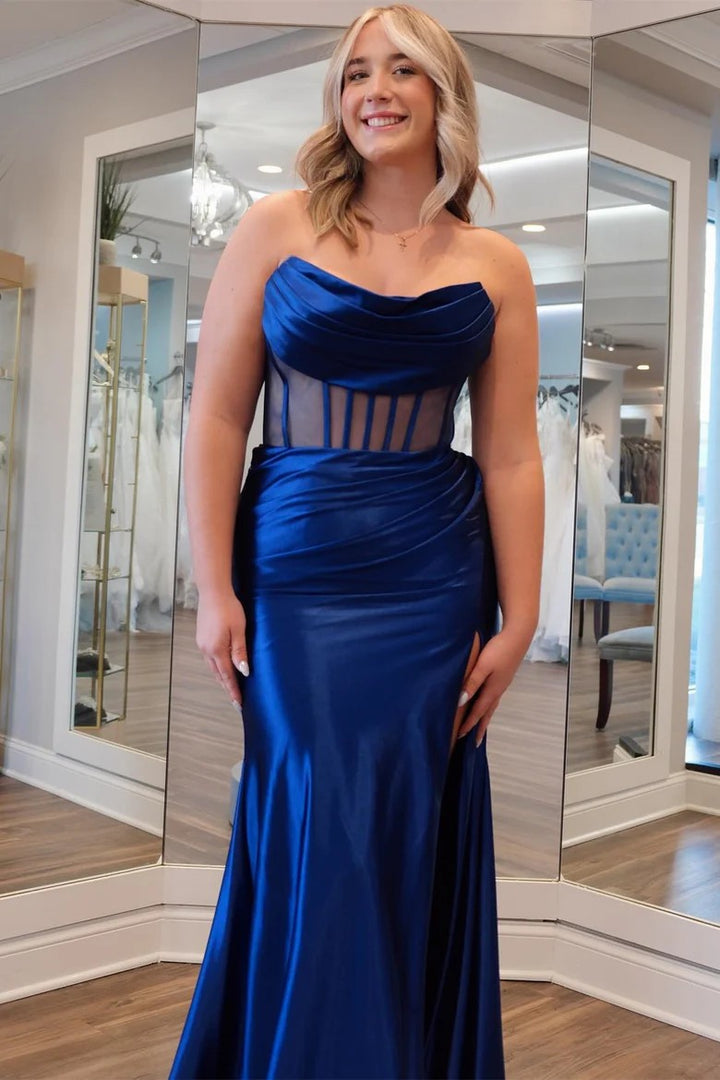 Lumidress Strapless Sheer Bodice Long Formal Dress with Side Slit