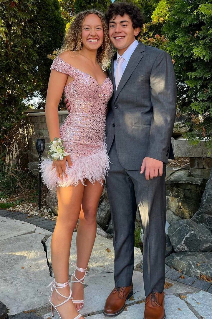 Lumidress Pink Sequin Off-the-Shoulder Short Feathers Homecoming Dress