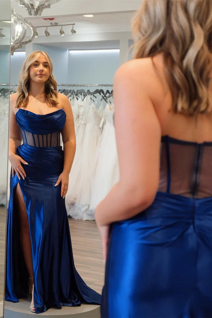 Lumidress Strapless Sheer Bodice Long Formal Dress with Side Slit