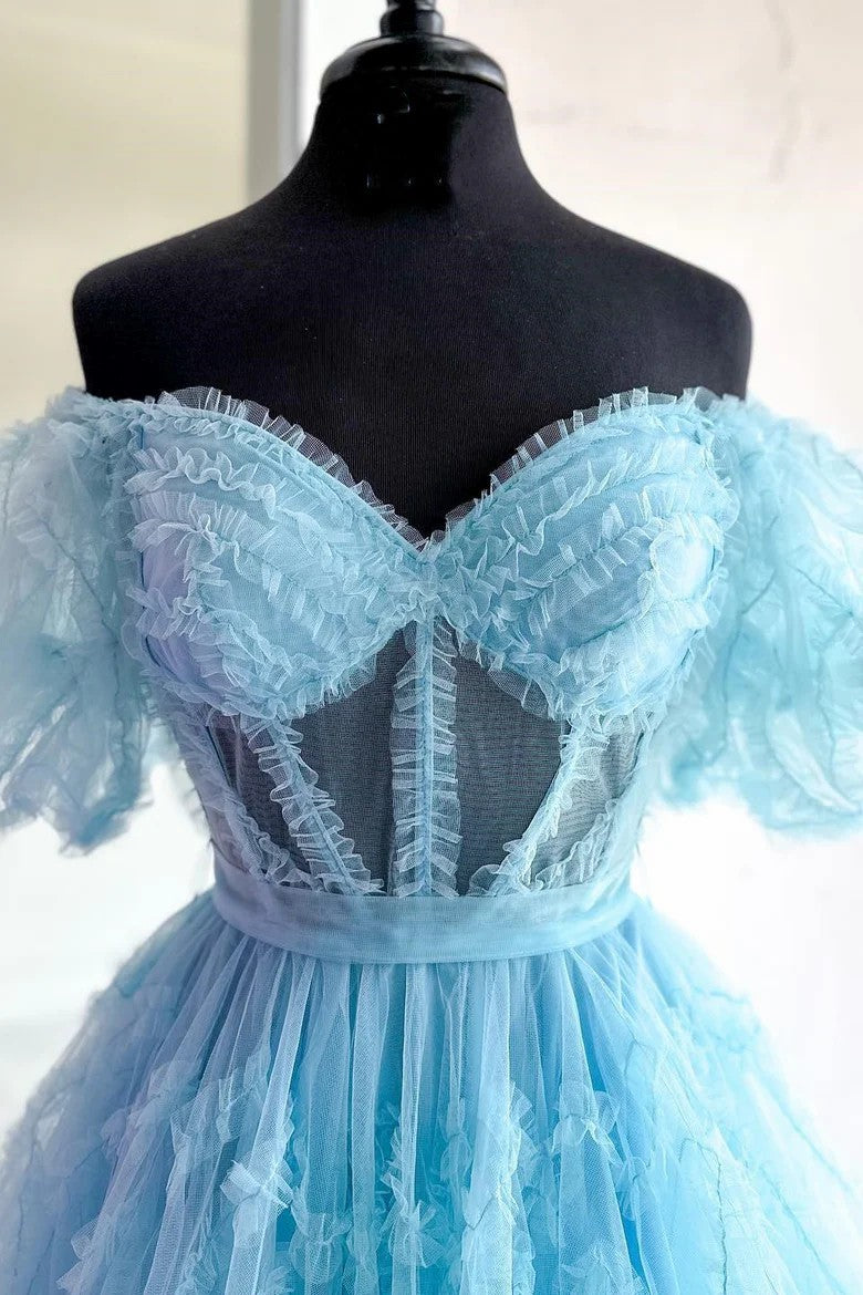 Lumidress Pink Off-the-Shoulder Puffy Tulle Short Homecoming Dress