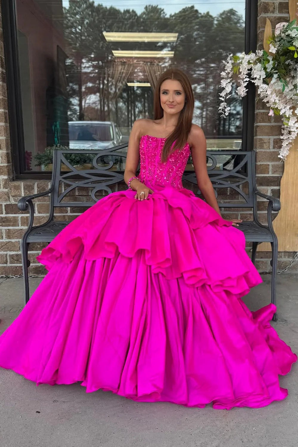 Lumidress Fuchsia Satin A-Line Strapless Prom Dress with Tiered Ruffles