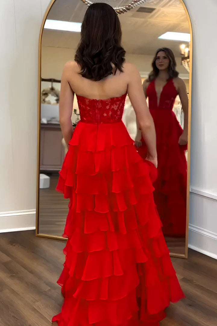 Lumidress Graceful Halter V-Neck Empire-Waist Layered Chiffon Prom Gown