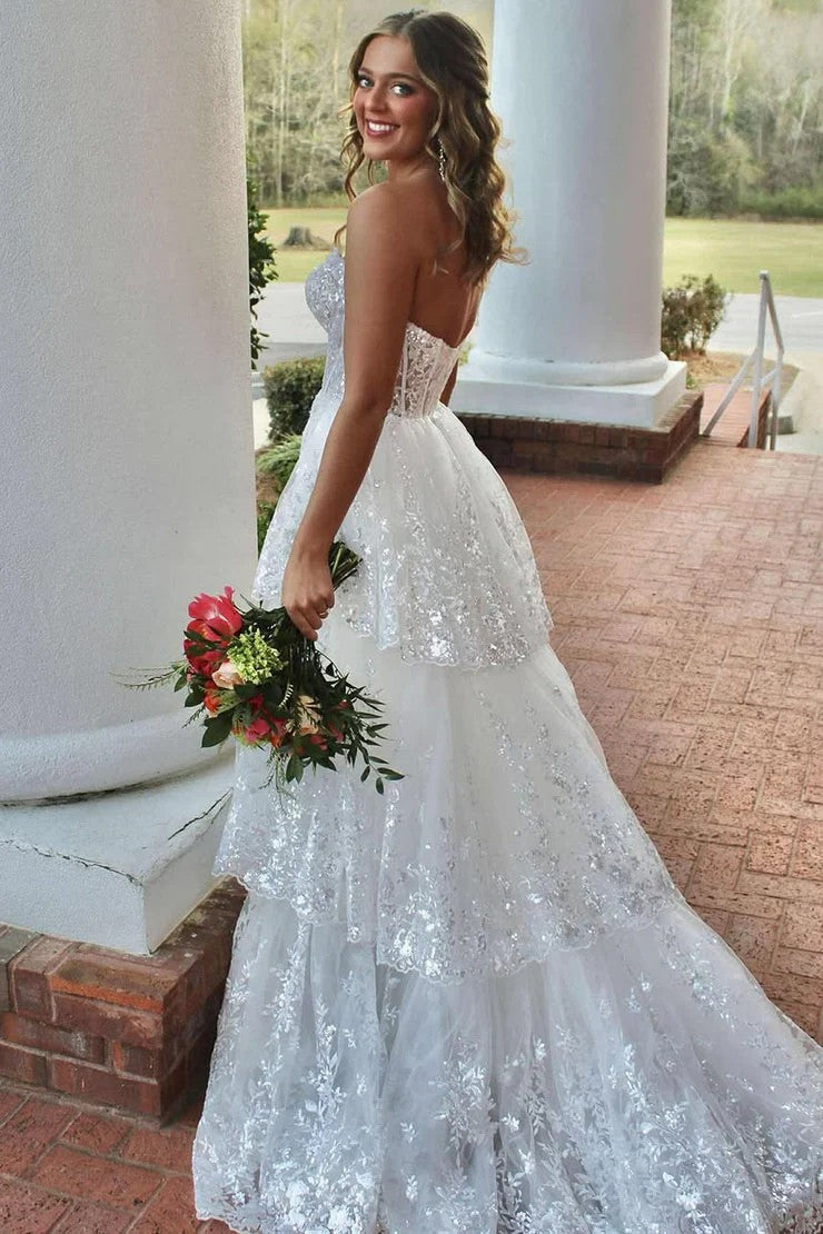 Lumidress Elegant White Sequin Lace Strapless A-Line Long Dress with Tiered Ruffles