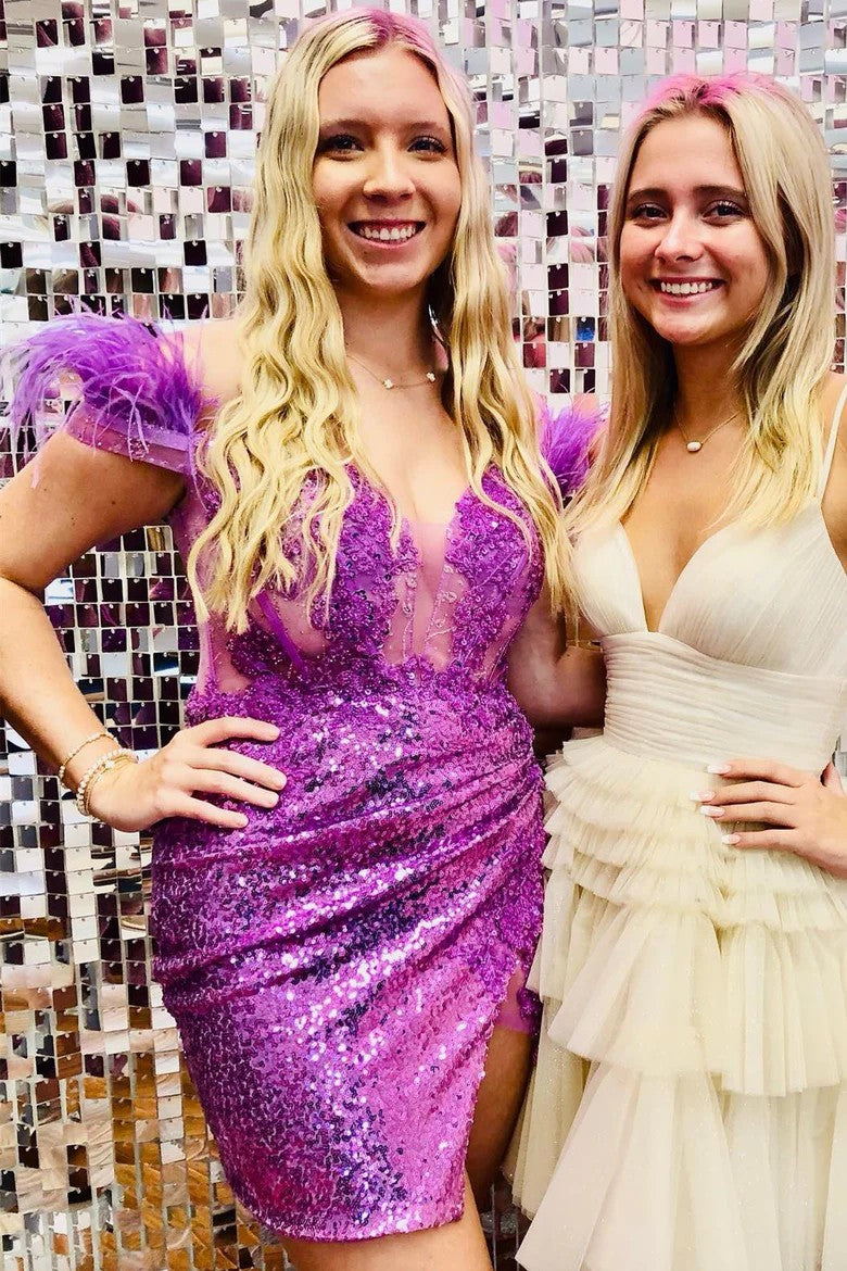 Lumidress Black Sequin Off-the-Shoulder Feather Mini Dress