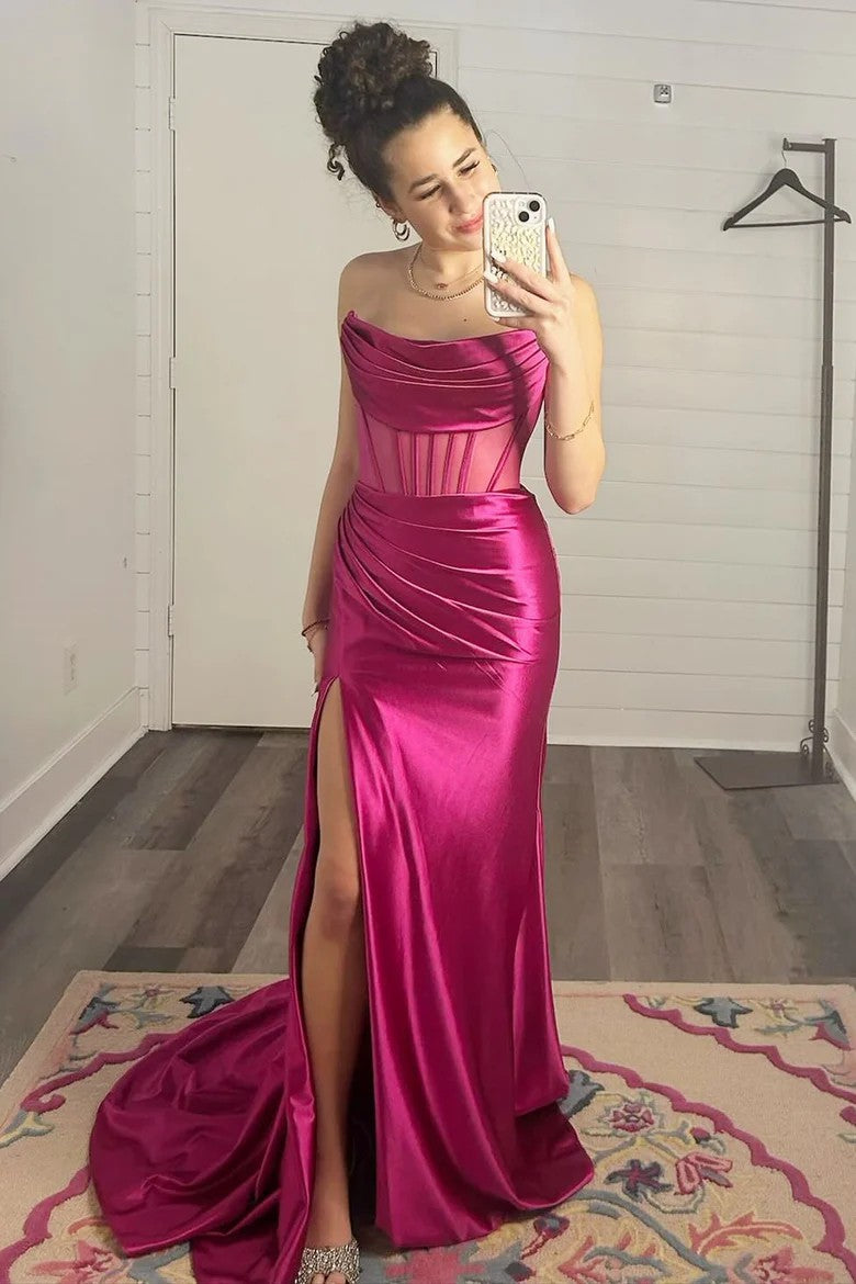 Lumidress Strapless Sheer Bodice Long Formal Dress with Side Slit