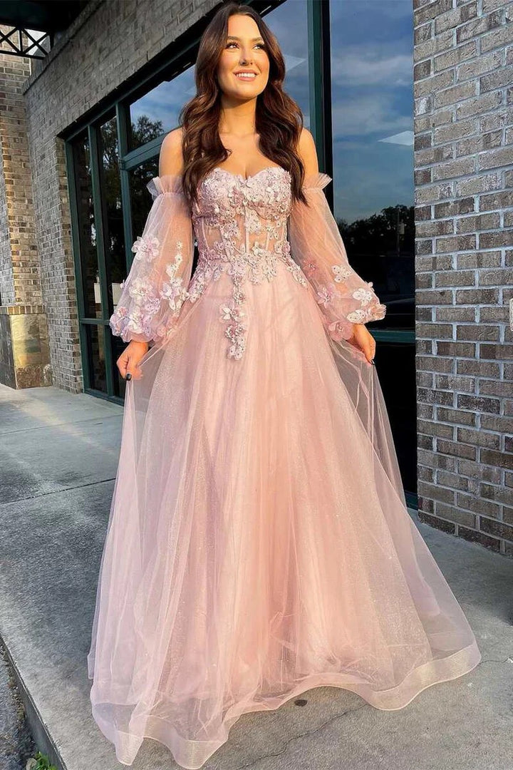 Lumidress Blush Pink Off-Shoulder Tulle Evening Gown with Floral Appliqués