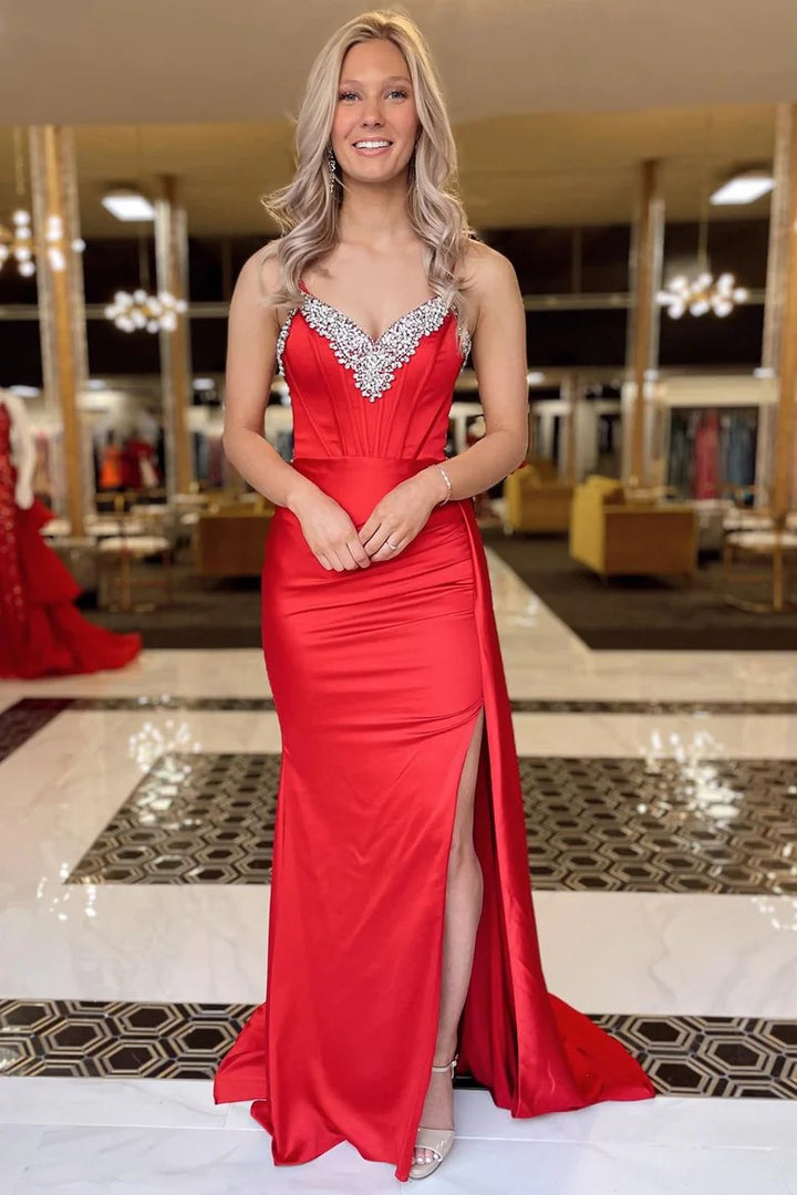 Lumidress Black Satin Spaghetti Strap Prom Dress with Beaded Neckline and Side Slit