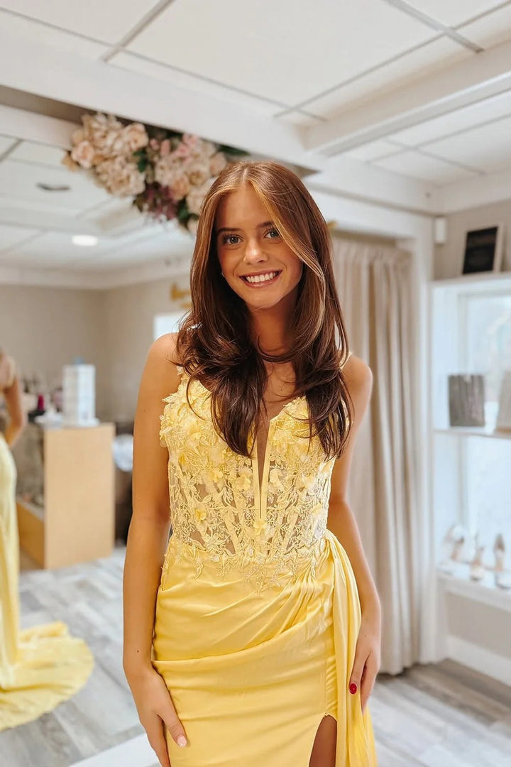 Lumidress Yellow Satin Mermaid Prom Dress with Sweetheart Neckline and Lace Appliqués