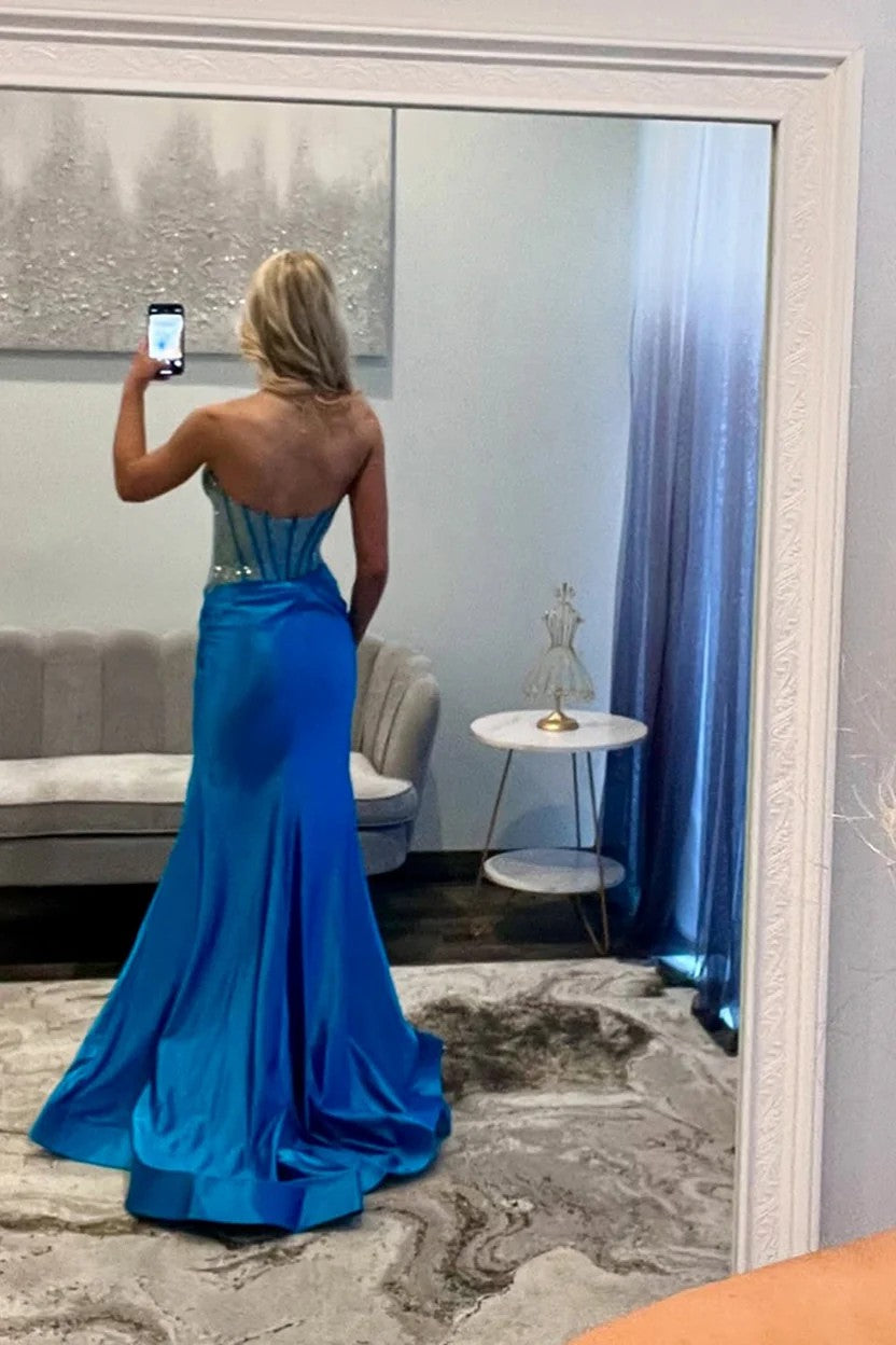 Lumidress Sweetheart Beaded Satin Mermaid Prom Dress with High Slit