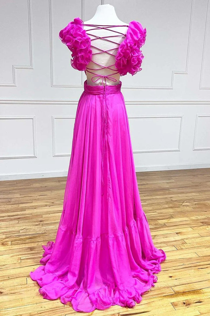 Lumidress V-Neck Ruffled Long Prom&Evening Dress with 3D Floral Shoulders