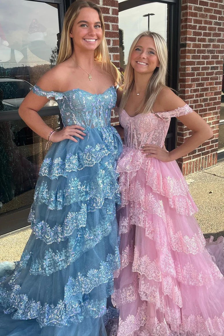 Lumidress Pink Layered Lace Off-Shoulder Princess Gown with High Slit