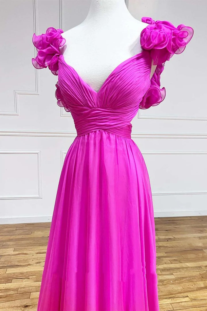 Lumidress V-Neck Ruffled Long Prom&Evening Dress with 3D Floral Shoulders