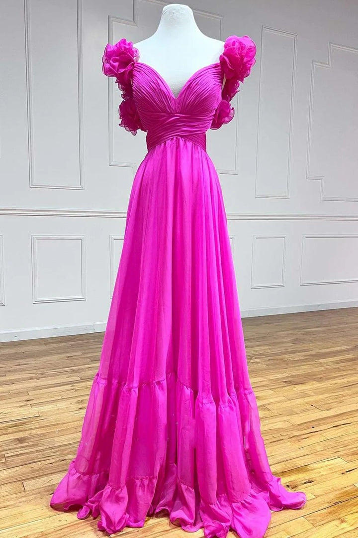 Lumidress V-Neck Ruffled Long Prom&Evening Dress with 3D Floral Shoulders