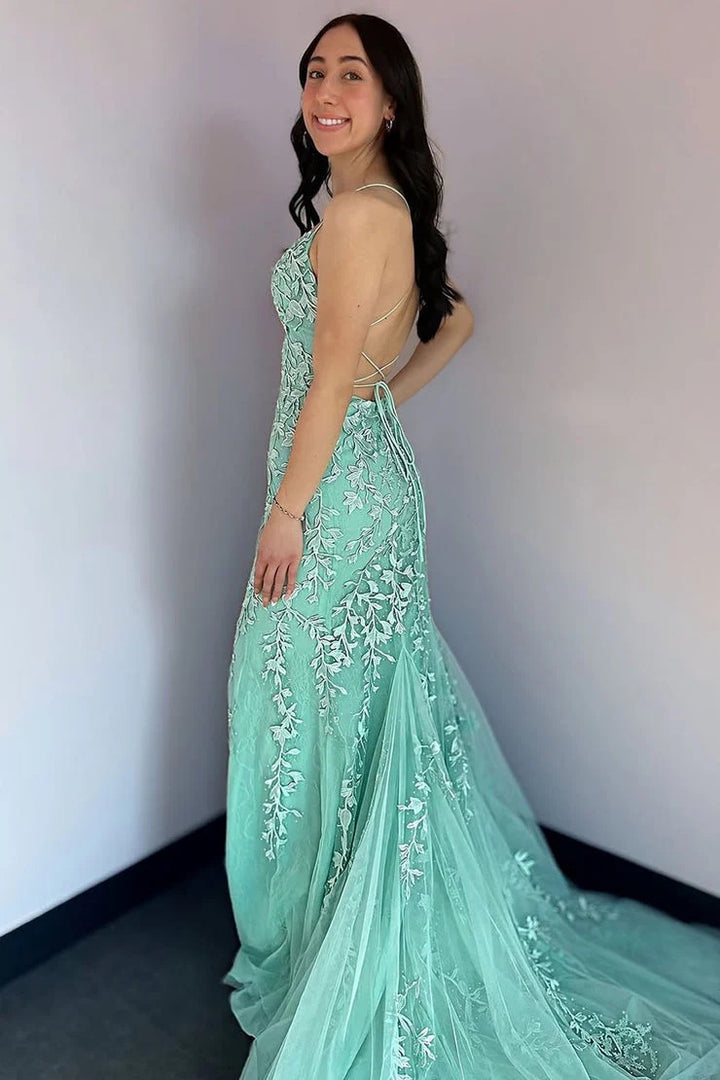 Lumidress Mint Lace Mermaid Prom Dress with Scoop Neck