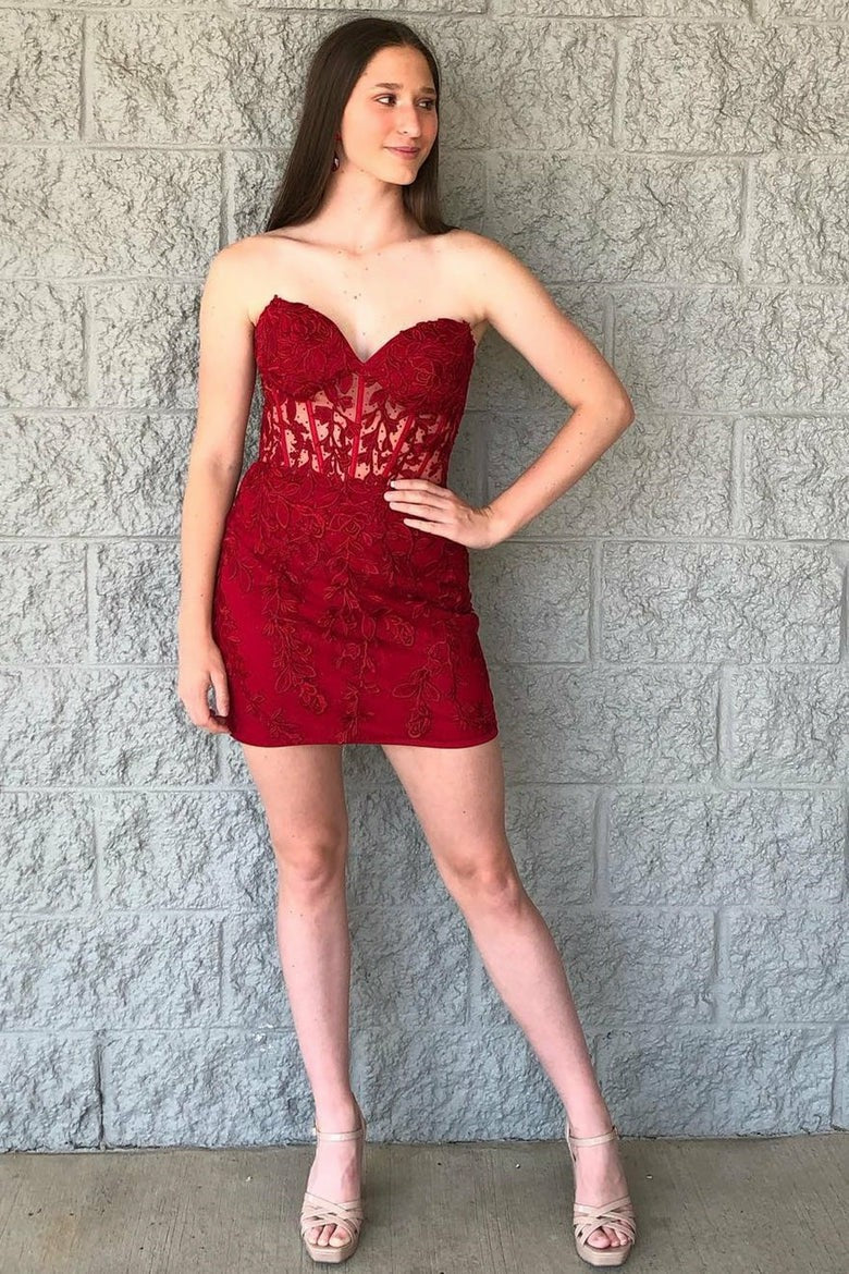 Lumidress Elegant Strapless Mini Homecoming Dress with Lace Appliques