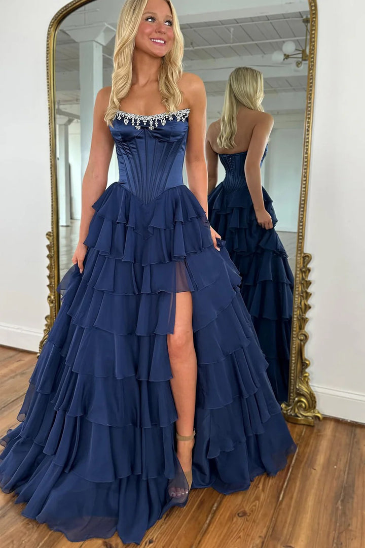 Lumidress Navy Strapless Corset Tiered Ruffle High-Low Prom Ball Gown