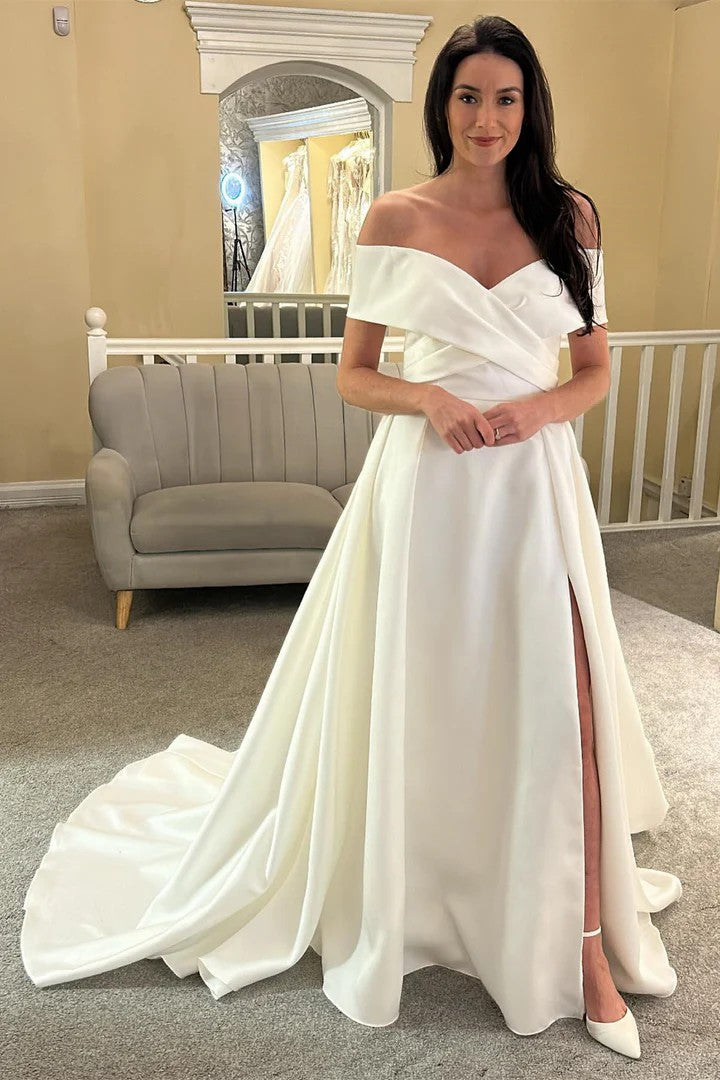 Lumidress Graceful White Off-the-Shoulder Long Bridal Gown with Slit