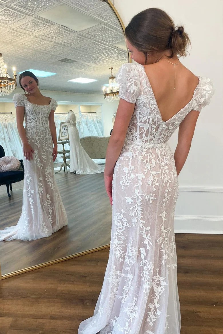 Lumidress Elegant White Lace Floral Appliqué Puff Sleeve Long Formal Dress