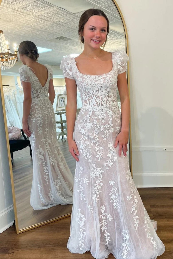 Lumidress Elegant White Lace Floral Appliqué Puff Sleeve Long Formal Dress