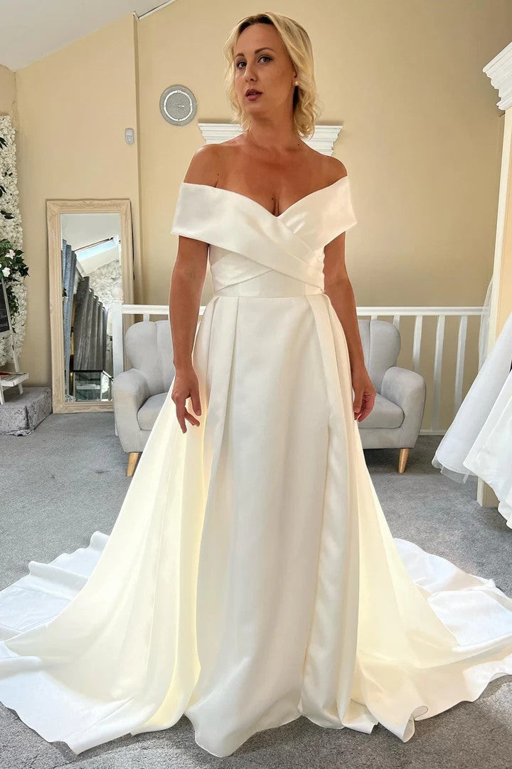 Lumidress Graceful White Off-the-Shoulder Long Bridal Gown with Slit