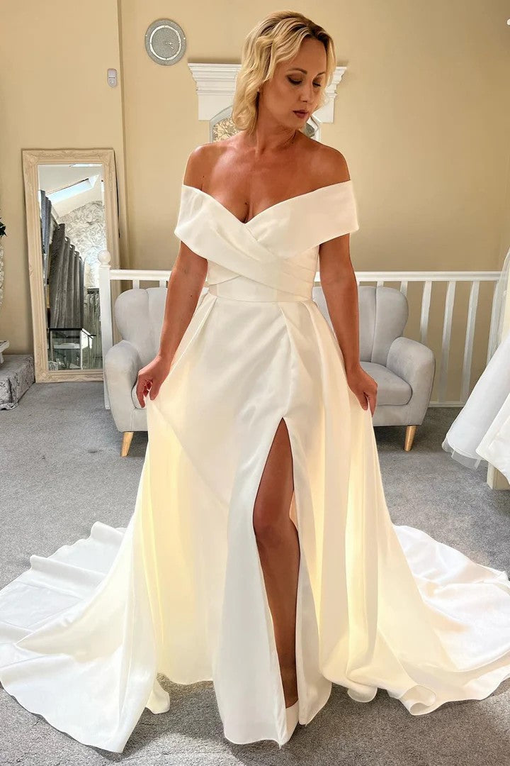 Lumidress Graceful White Off-the-Shoulder Long Bridal Gown with Slit