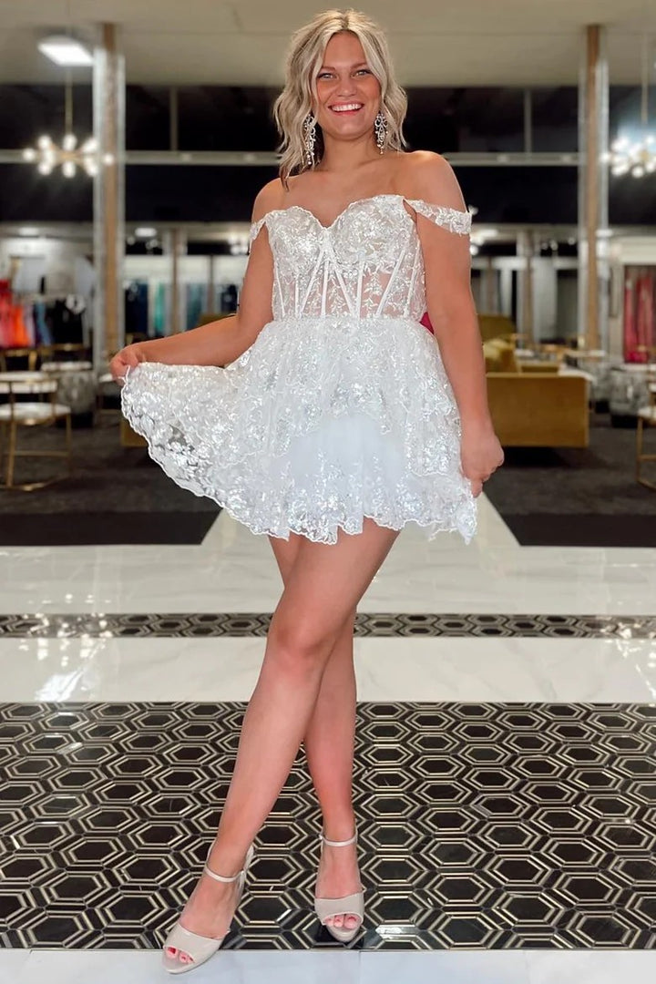 Lumidress Black Sequin Embroidered Sweetheart Tiered A-Line Homecoming Dress