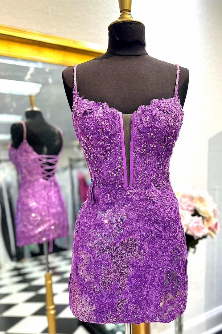 Lumidress Purple Lace Appliqued Sequin Short Homecoming Dress
