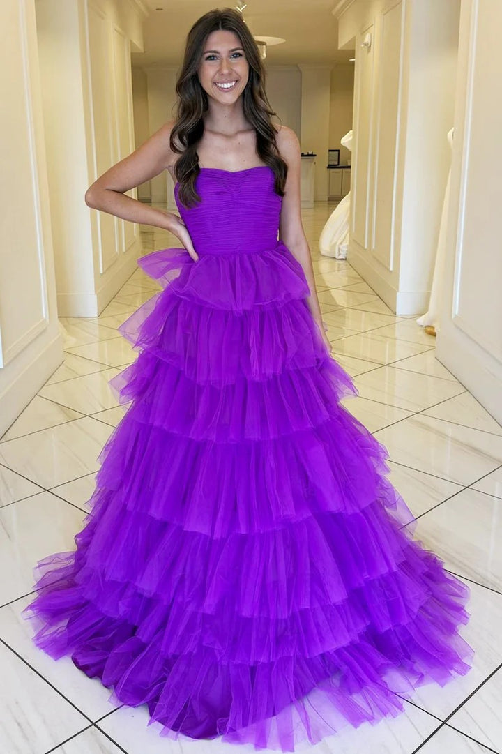 Lumidress Off-Shoulder Tiered Tulle A-Line Long Prom Dress with Ruffles
