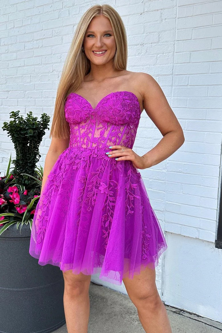 Lumidress Romantic Sweetheart A-Line Homecoming Dress with Lace Appliques