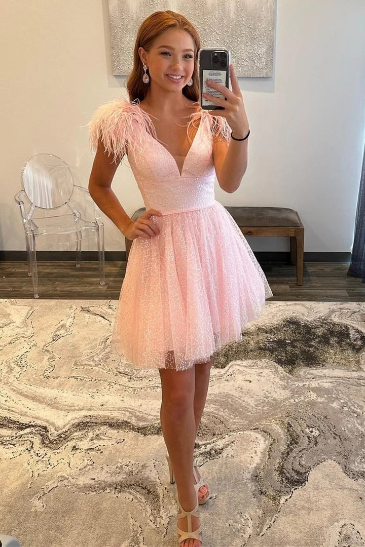 Lumidress Pink Sequin Embroidered V-Neck A-Line Homecoming Dress with Feather Trim
