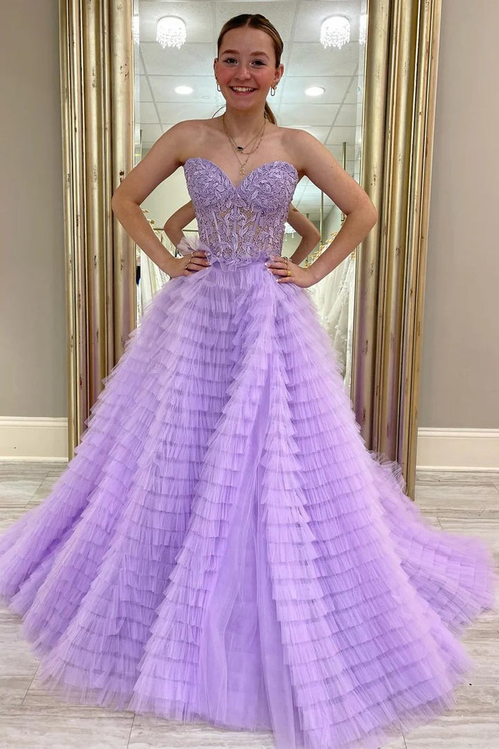 Lumidress Strapless Sweetheart Ruffled Tulle Evening Gown with Slit