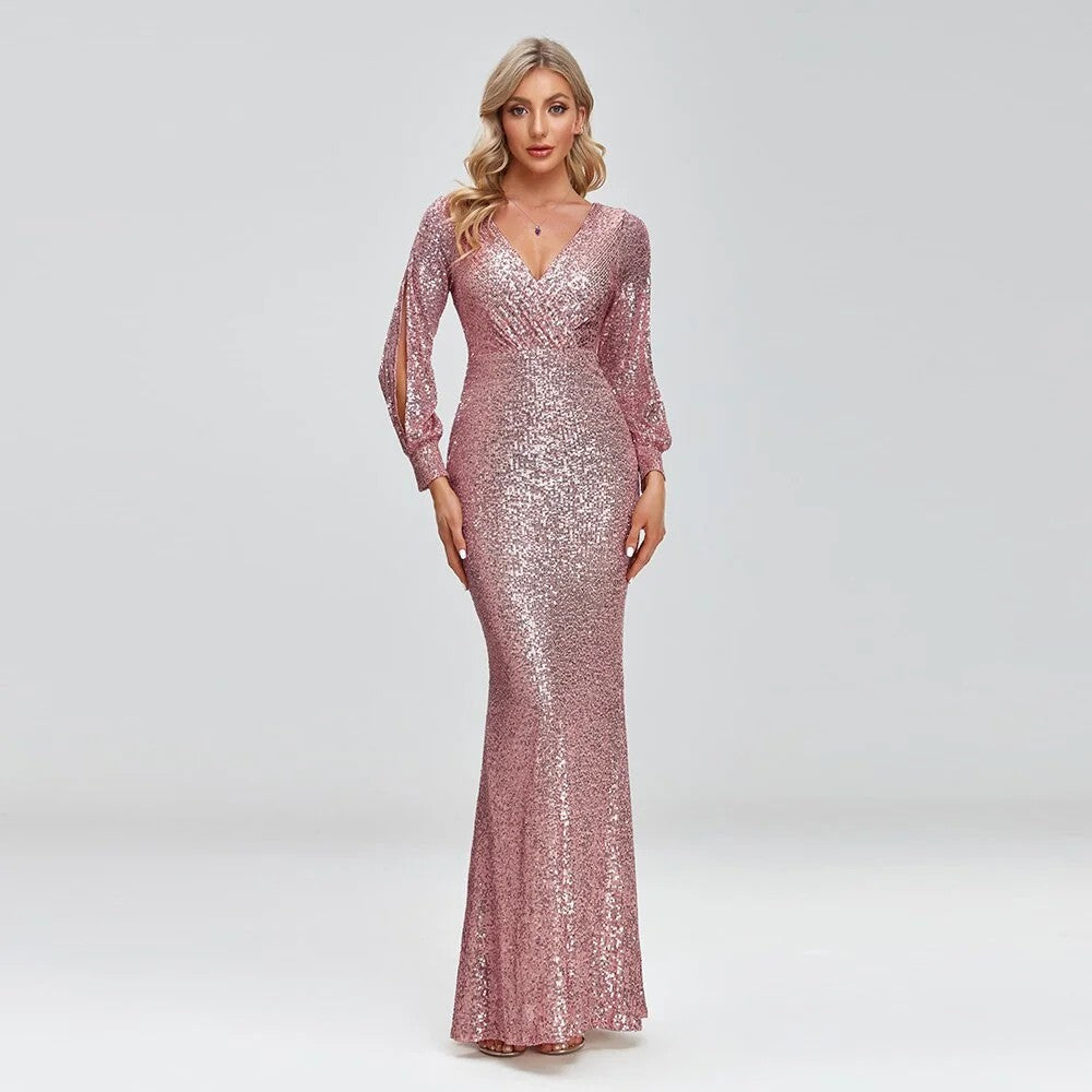 Lumidress Women Elegant V-Neck Mermaid Floor Length Evening Gown
