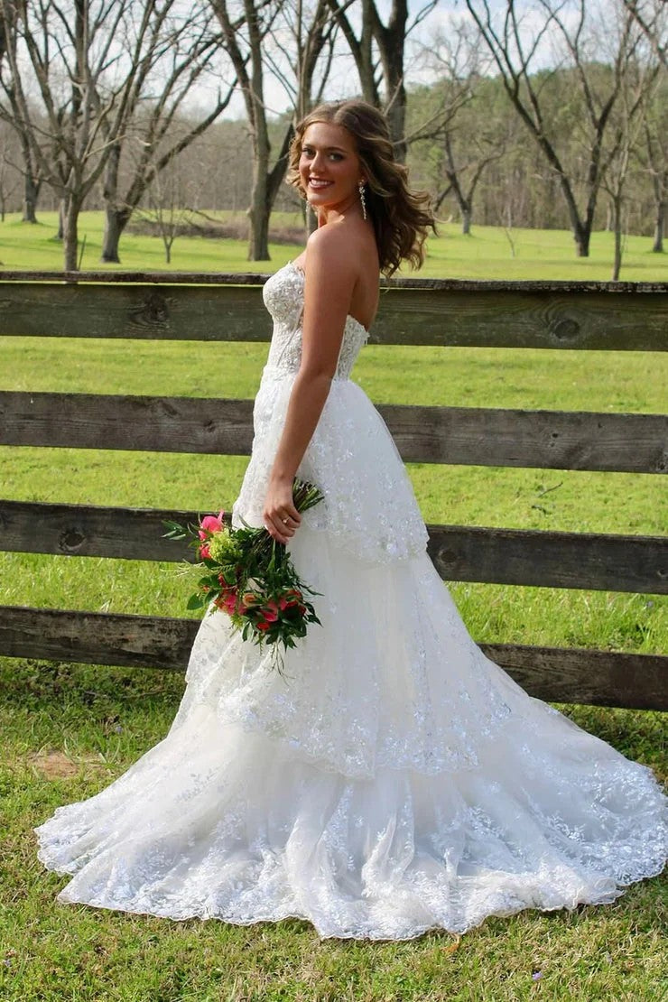 Lumidress Elegant White Sequin Lace Strapless A-Line Long Dress with Tiered Ruffles