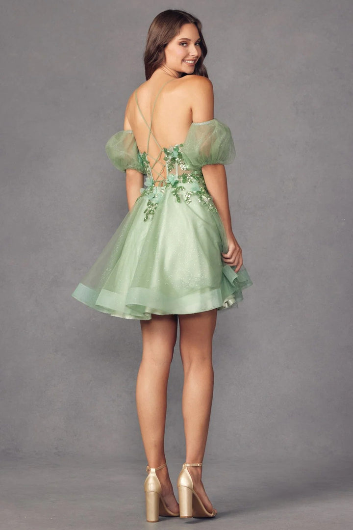 Lumidress Puff Sleeve V-Neck Short Tulle Dress with 3D Butterfly