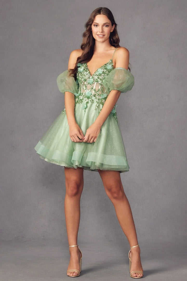 Lumidress Puff Sleeve V-Neck Short Tulle Dress with 3D Butterfly
