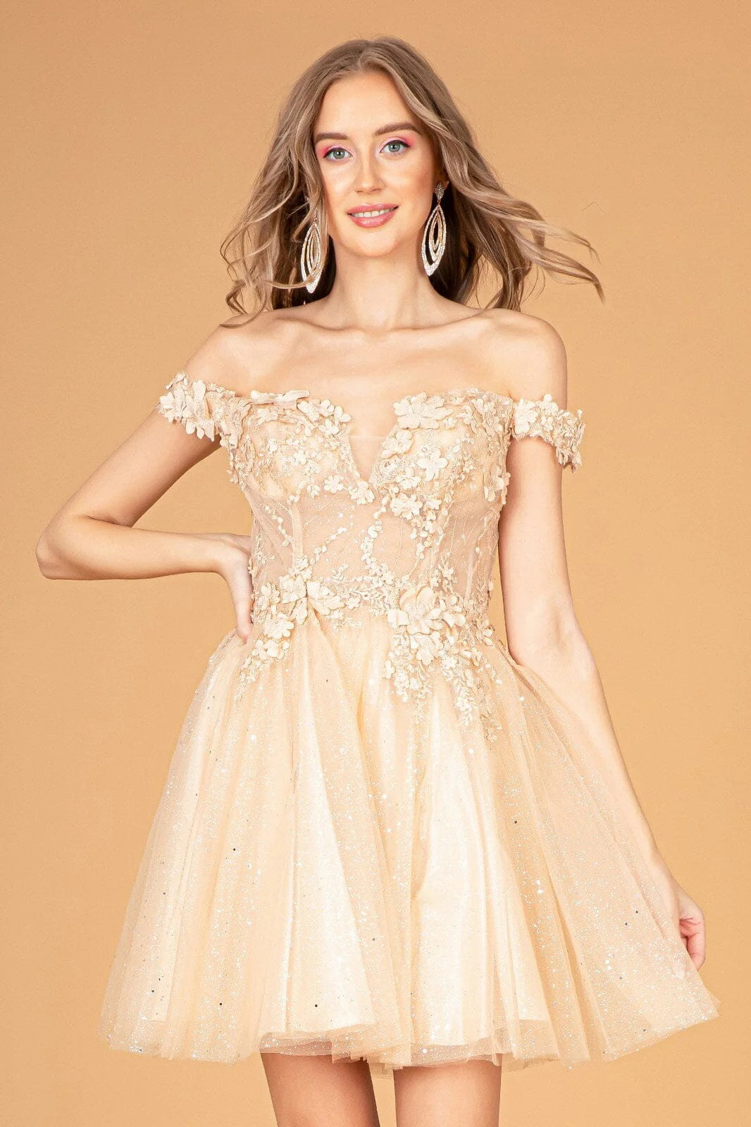 Lumidress Off Shoulder 3D Floral Sequin Short Glitter Tulle A-Line Dress
