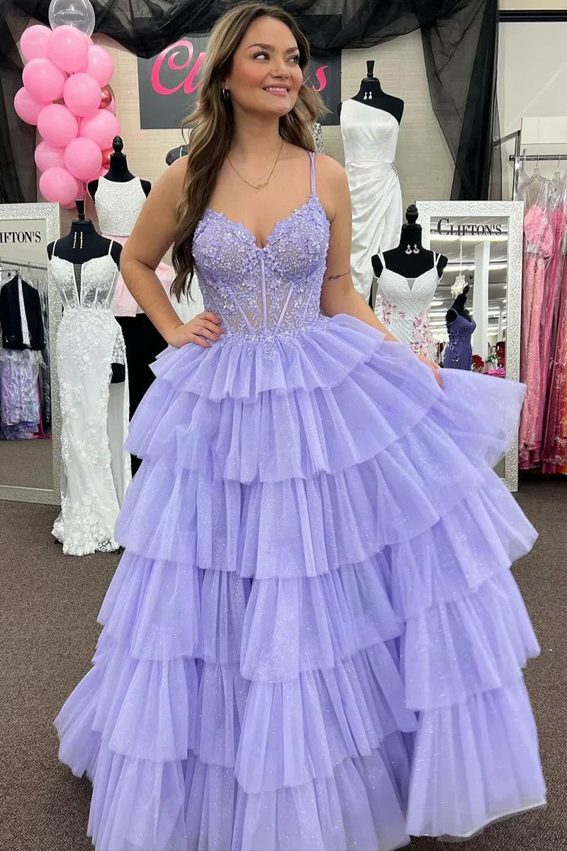 Lumidress Lavender Tiered Ruffle Tulle A-Line Prom Dress with Appliqué Details
